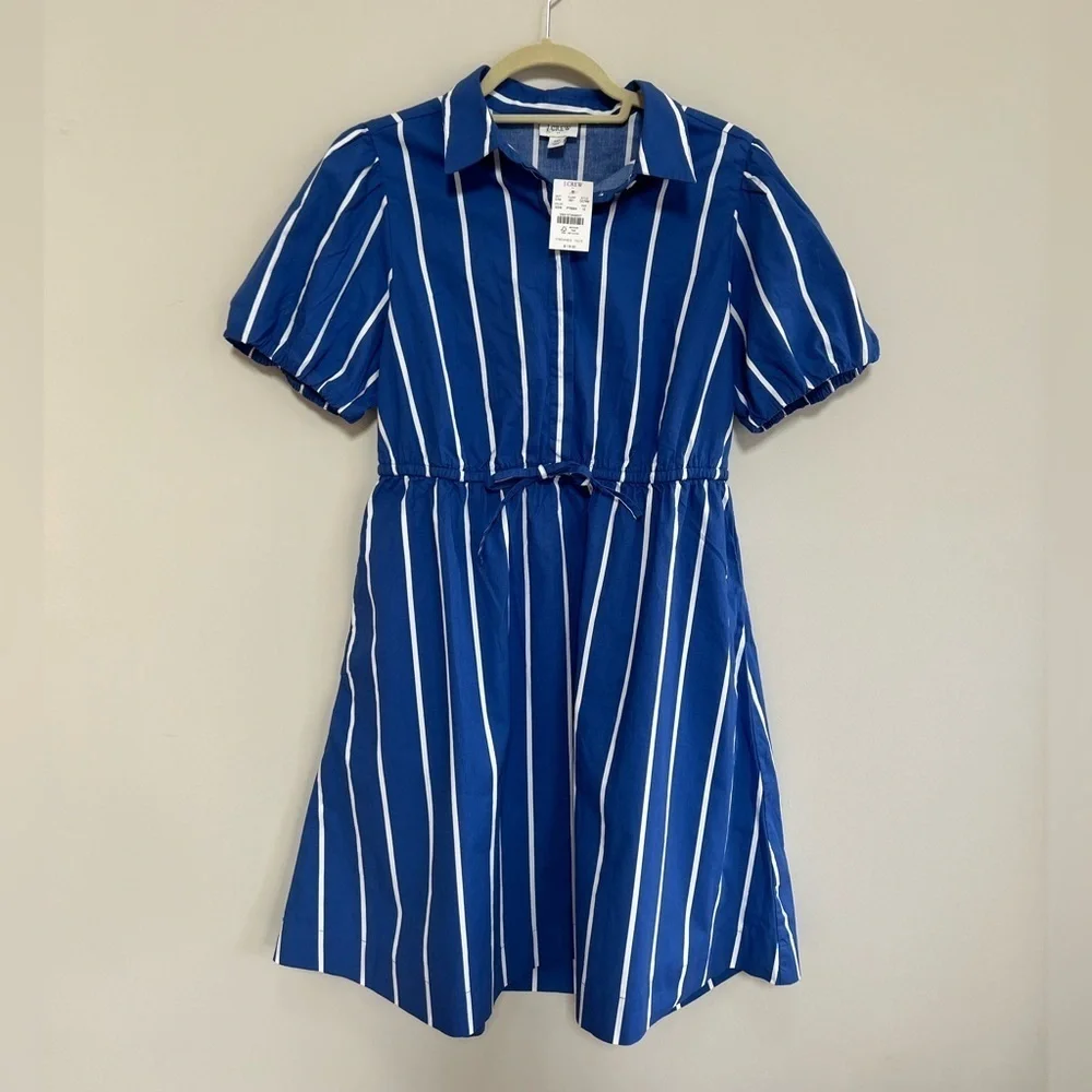 J. Crew NWT Short-Sleeve Cotton Striped Blue + White Tie-Waist Mini Dress, 10